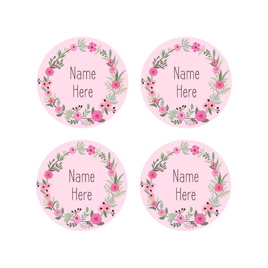 Flower Wreath Round Name Labels 30pk