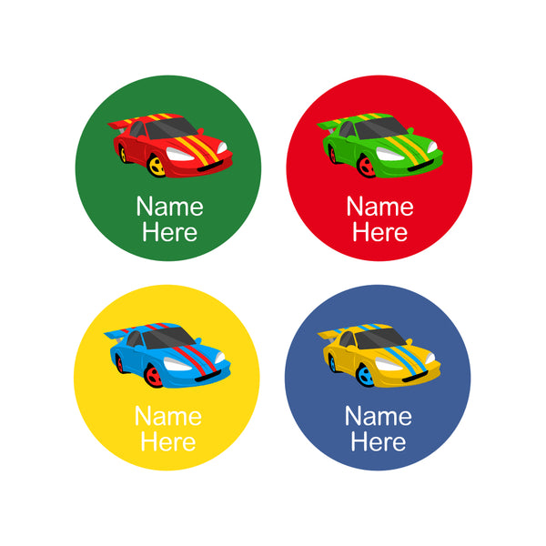 Racing Car Round Name Labels 30pk